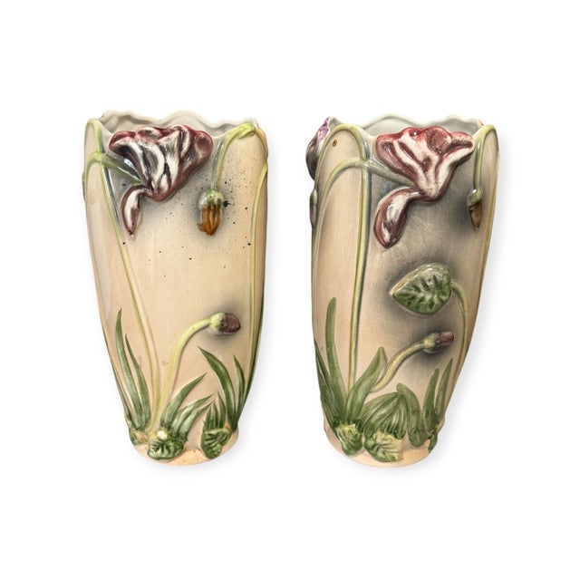 Large Art Nouveau Majolica Relief Floral Vases, 1890s, Set of 2 For Sale - Image 3 of 6