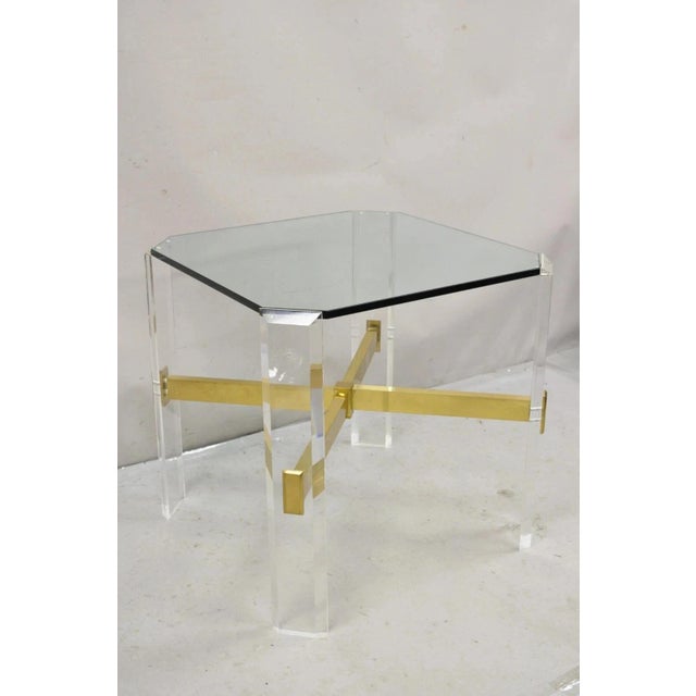 Vintage Mid Century Modern Lucite & Glass Brass Stretcher Occasional Side Table For Sale - Image 4 of 12