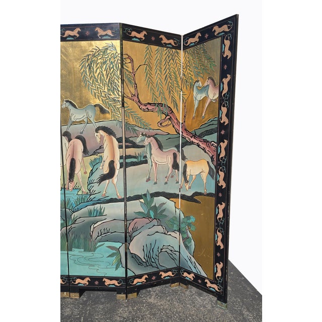 Signed Ten Horses Vintage Chinese Four Panel Screen Gold & Turquoise Shi Jun Tu For Sale In Los Angeles - Image 6 of 15