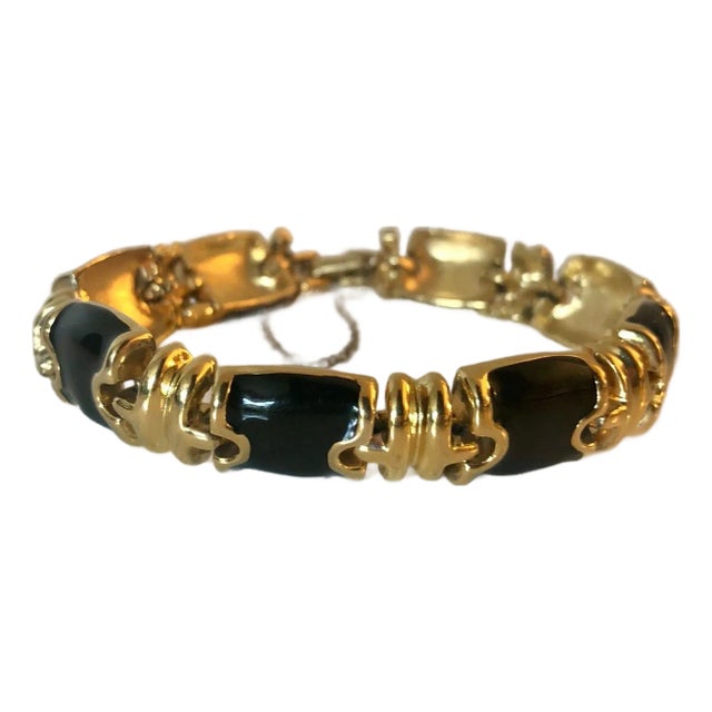 1980s Vintage Monet Black Enamel and Gold Link Bracelet For Sale