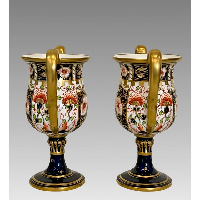 English Antique Royal Crown Derby 22 Carat Gold Bone China Vases, Urns, Goblets, 1906, England, a Pair For Sale - Image 3 of 14