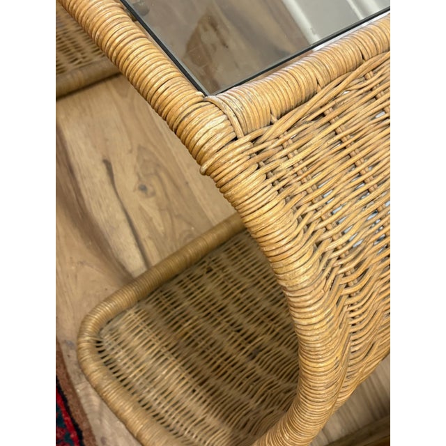 Wood Pair 1970s Wicker-Wrapped Metal Waterfall End Tables With Original Glass For Sale - Image 7 of 8