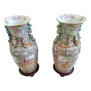 Antique Pair 18th Century Qianlong Period Gold Gilt Chinese Enameled Hand Painted Signed Both With 6 Character Mark Floor Vases