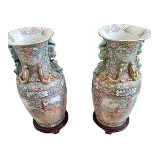 Antique Pair Qianlong Period Gold Gilt Chinese Enameled Hand Painted Signed 6 Character Mark Vases For Sale