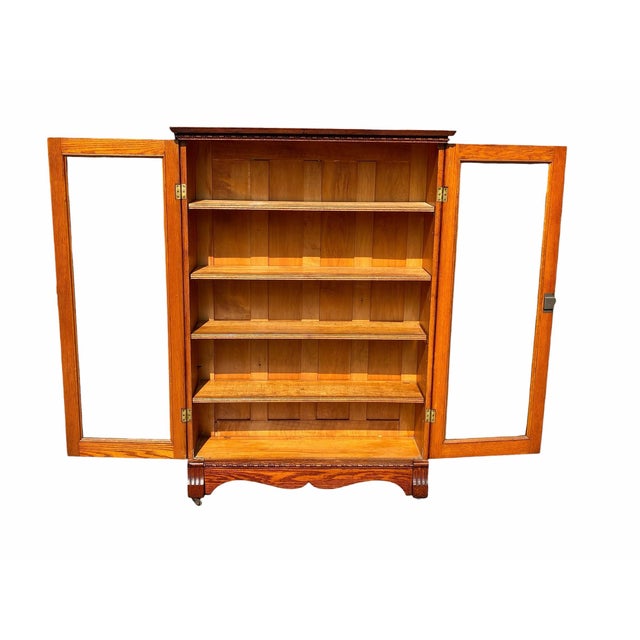 Larkin & Co. Antique Larkin Oak Bookcase / China Cabinet With Glass Doors & Carvings For Sale - Image 4 of 12