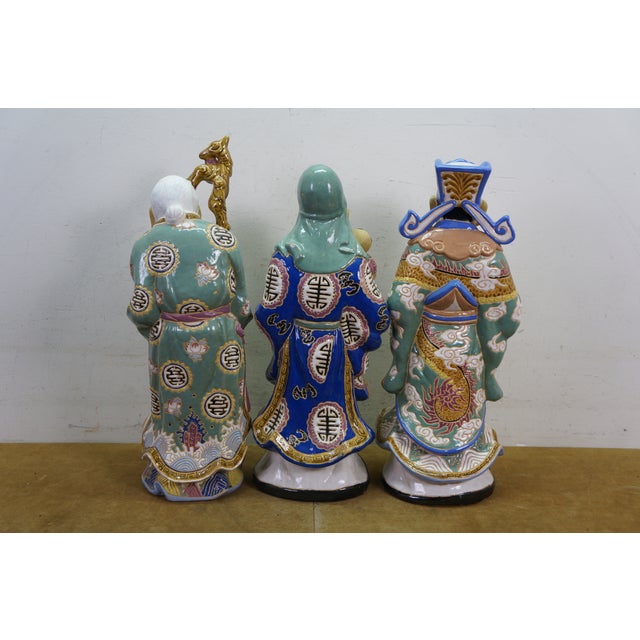 Blue 3 Ceramic Fu Lu Shou Star Gods Good Fortune Prosperity Longevity Statues 23" For Sale - Image 8 of 16
