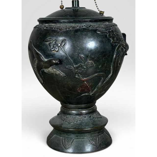 Antique Japanese Meiji Period Patinated Bronze Vase Table Lamp With High Relief Bird and Flower Silk Pagoda Shade For Sale - Image 4 of 13