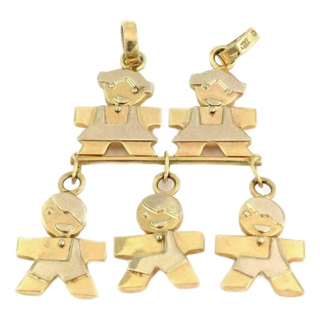 Five Kids Dangling 14k Yellow Gold Charm Pendant For Sale