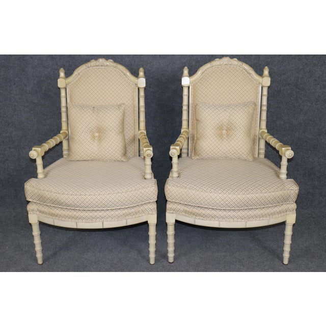 Hollywood Regency Pair of Painted Faux Bamboo Hollywood Regency French Inspired Armchairs For Sale - Image 3 of 13