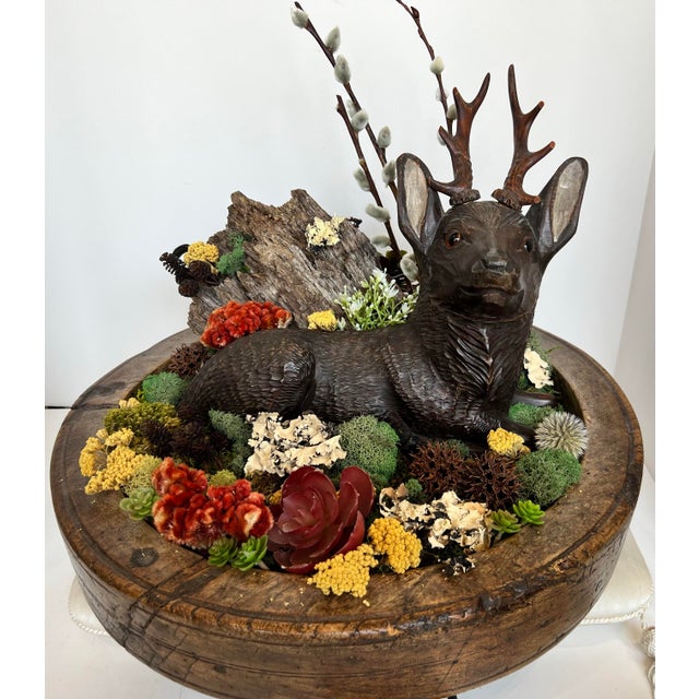 Vintage Hand-Carved Wooden Deer Diorama Folk Art Stag Sculpture in Rustic Bowl Woodland Centerpi For Sale - Image 4 of 7
