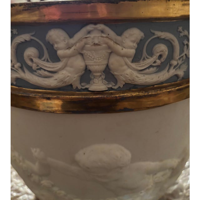 Sevres Style Raised Relief Urn Planter Raised Relief Putti Rams For Sale - Image 10 of 12