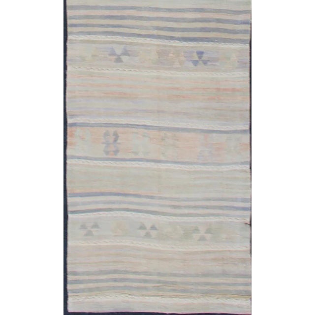 Traditional Mid 20th Century Vintage Turkish Kilim Runner With Soft Stripes and Modern Design in Muted Colors For Sale - Image 3 of 12