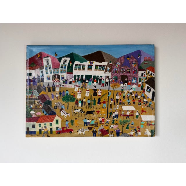 Mid-Century Modern 2009 Jadiro Colorful Folk Art Oil on Canvas Painting – Unframed For Sale - Image 3 of 12