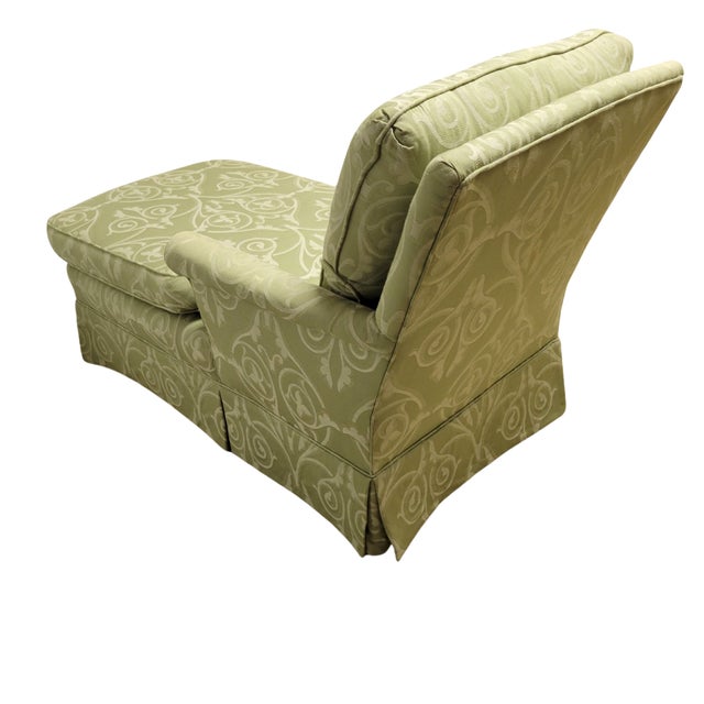 2000 - 2009 Custom Celadon Green Damask Upholstered Reading Chaise Lounge With Rolled Arms For Sale - Image 5 of 7