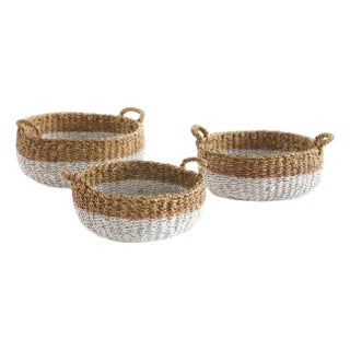 Seagrass Shallow Baskets With Handles, Set Of 3 For Sale