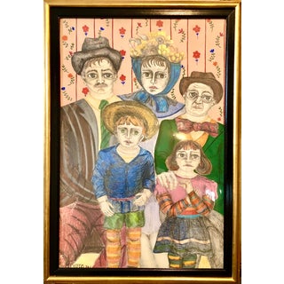 Maria Teresa Vieco, Latin American Folk Art Family Portrait Colombian Naive Painting, Color Drawing, 1975 For Sale
