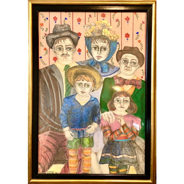 Maria Teresa Vieco, Latin American Folk Art Family Portrait Colombian Naive Painting, Color Drawing, 1975 For Sale