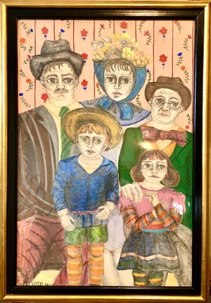 Maria Teresa Vieco, Latin American Folk Art Family Portrait Colombian Naive Painting, Color Drawing, 1975
