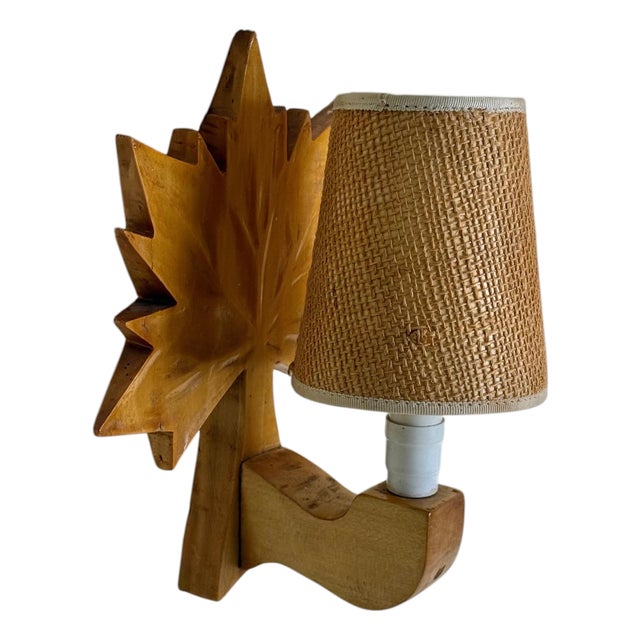 Swedish Hand-Carved Maple Leaf Wall Lamp with Sisal Shade, 1950s For Sale