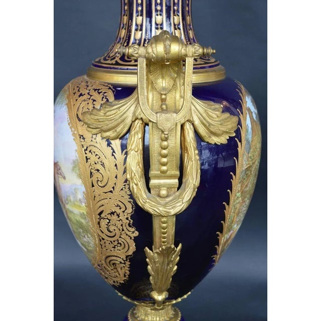 Late 19th Century Oversized French Blue Royal Hand-Painted Sevres Lidded Vase For Sale In Los Angeles - Image 6 of 11