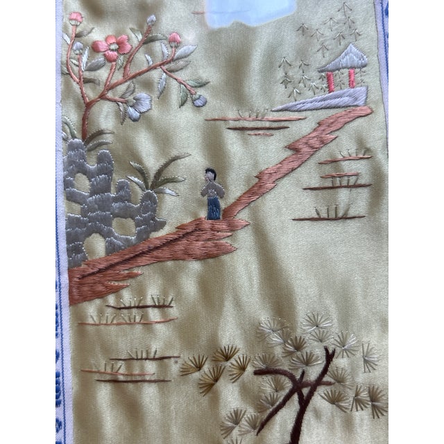 Late 20th Century Chinese Silk Embroidery Panel Framed in Faux Bamboo - School of Tientsin Design L For Sale - Image 16 of 17