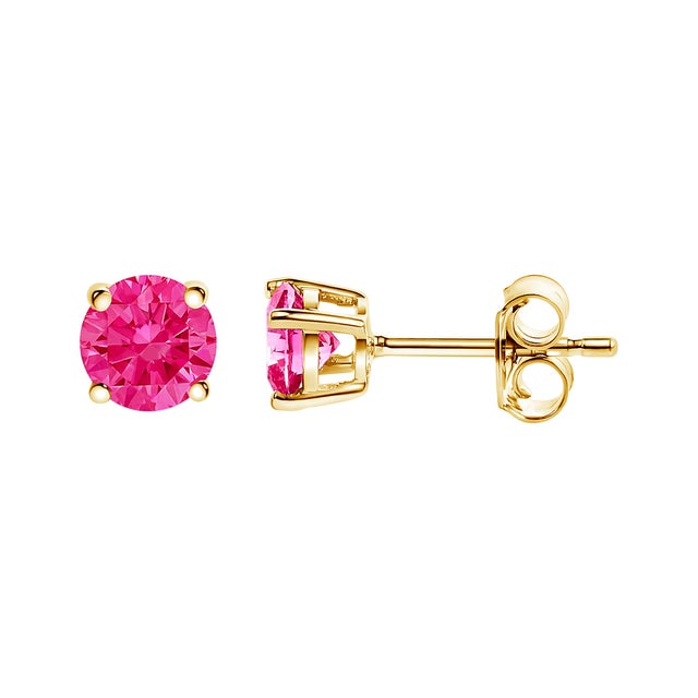 Contemporary 14K Yellow Gold 1/2 Cttw Round Brilliant Cut Lab Grown Pink Diamond 4-Prong Classic Solitaire Earrings (Pink Color, VVS2-VS1 Clarity) For Sale - Image 3 of 6