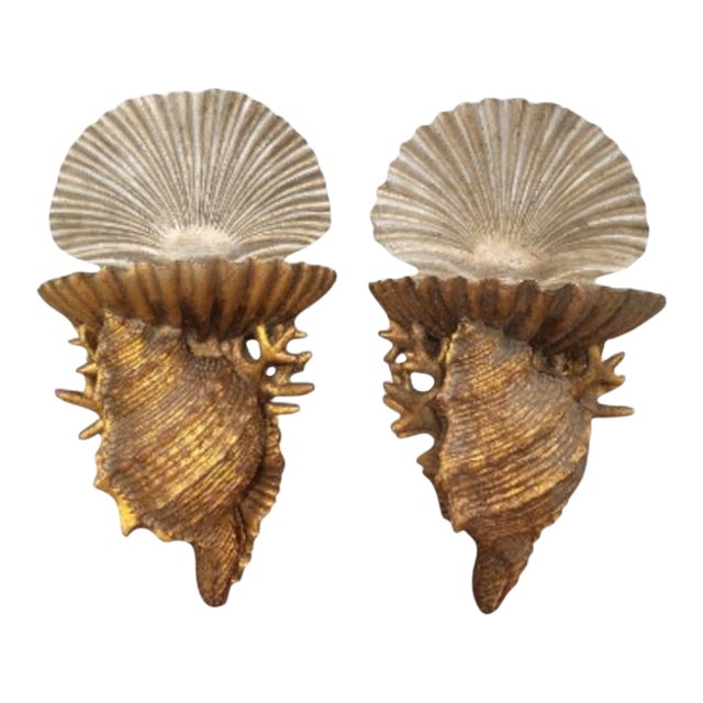 Vintage Coastal Regency Large Sea Clam Conch Shell Form Gold Silver Wall Sconce Shelf Brackets- A Pair For Sale
