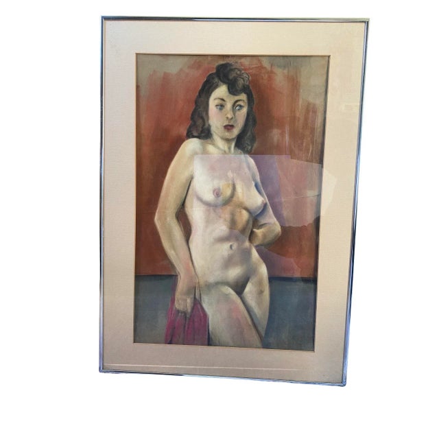 Vintage Oil Pastel Drawing on Paper of a Nude Woman Circa 1950’s, Framed For Sale - Image 9 of 12