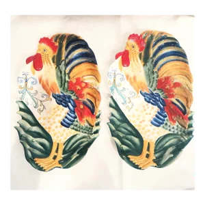 Vintage Fitz and Floyd Extra Large Colorful Rooster Ceramic Serving Platters- a Pair