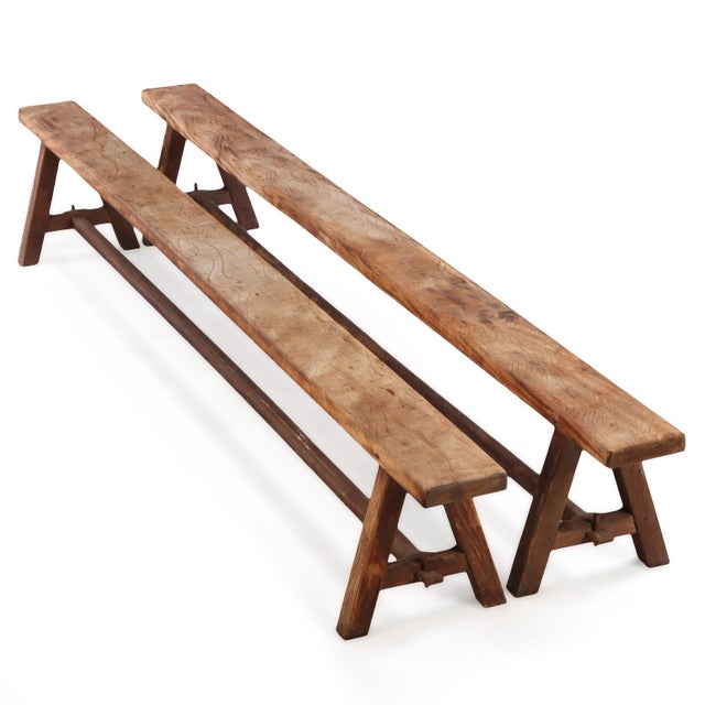 French Provincial A Large Pair of French Elm Benches, C. 1940. For Sale - Image 3 of 6