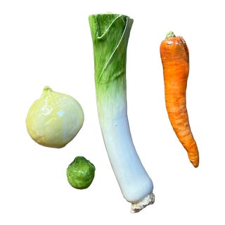 Vintage Late 20th Century Trompe L’Oeil Ceramic Leek, Carrot, Onion, Brussel Sprout Decorative Vegetables, Set of 4 For Sale