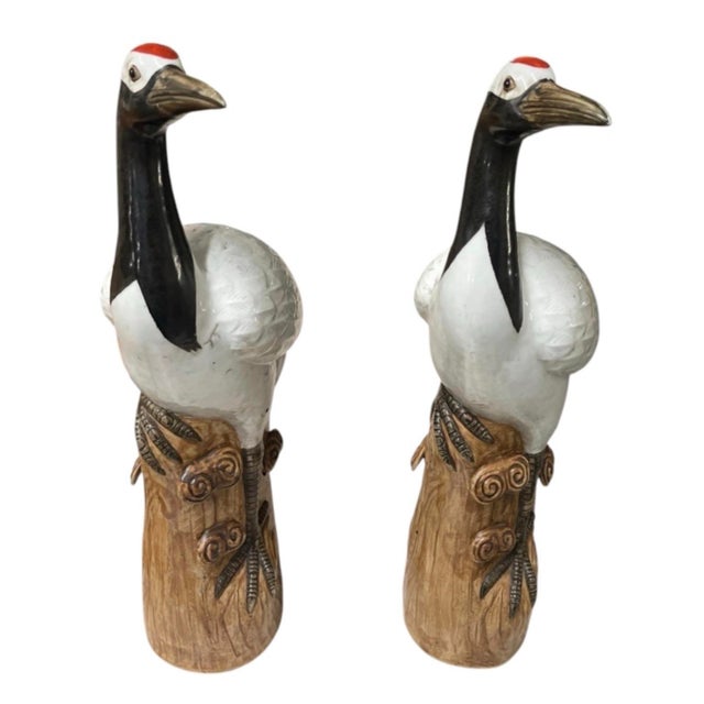 Pair of Vintage Asian Glazed Ceramic Red-Crowned Crane Statues For Sale In West Palm - Image 6 of 12
