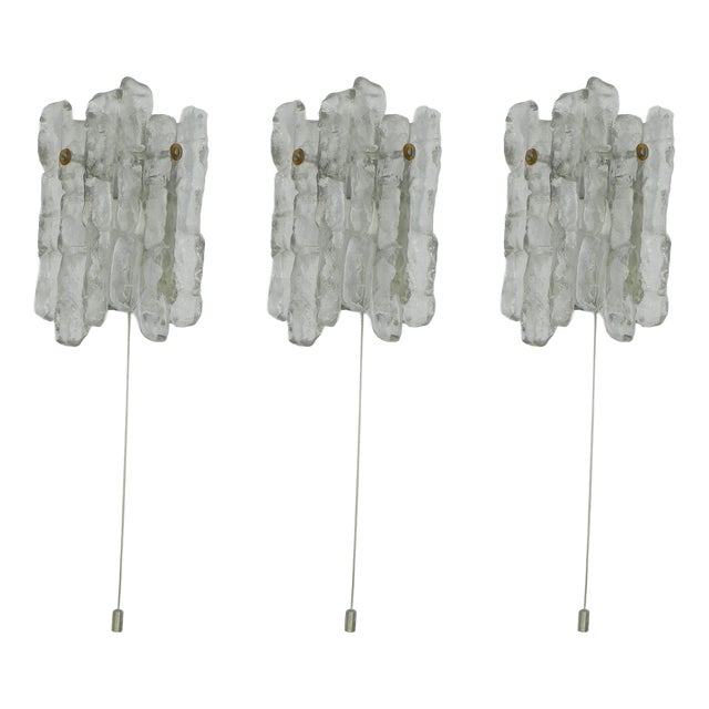 Vintage Ice Glass Wall Lights by J. T. Kalmar for J.T. Kalmar, 1970s, Set of 3 For Sale