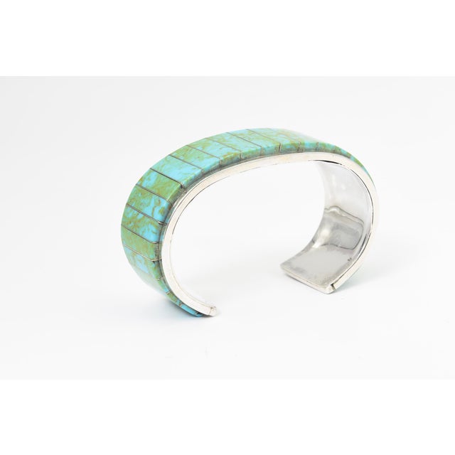 Vintage Teme Southwestern Turquoise Channel Inlay Sterling Silver Cuff for a Man or Large Woman's Wrist For Sale In Miami - Image 6 of 11