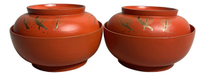 Urushi Rice Bowls with Maki-E Crane Motif, Japan, Set of 2