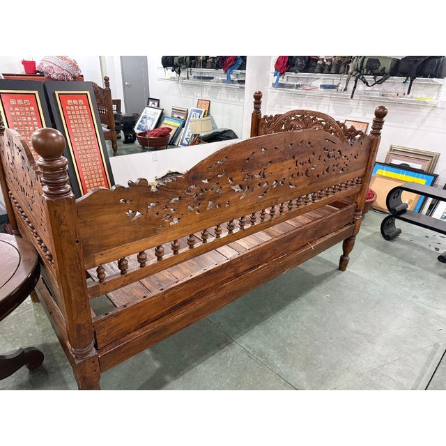 Mid 20th Century Hand-Carved Solid Wood Daybed / Bench – Exotic Antique Style For Sale - Image 5 of 8