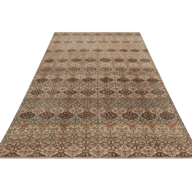 Rug & Kilim Vintage Turkish Rug, Beige-Brown and Blue Geometric Floral Pattern - Rug & Kilim For Sale - Image 4 of 8