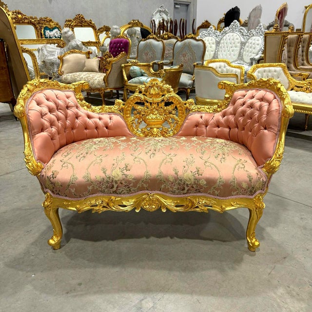 Pink Small Settee Tufted French Style Gold Leaf Details For Sale - Image 4 of 7