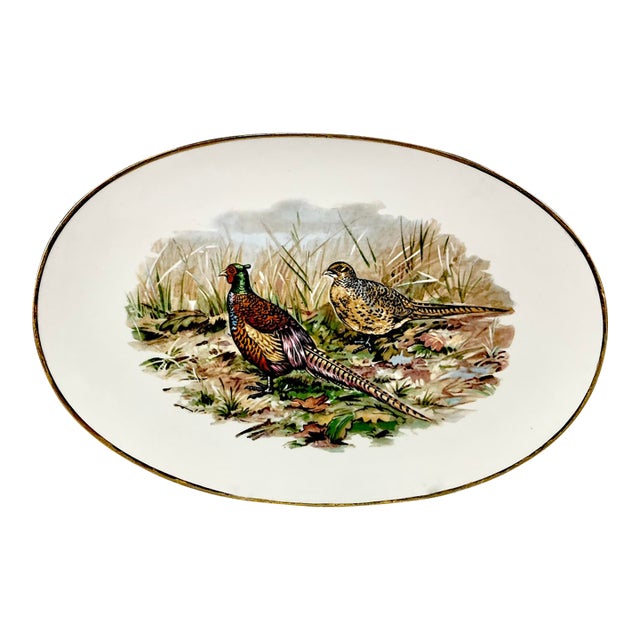 1970s Vintage Hollywood Regency Arts & Crafts Rustic European Pheasant Platter, Thanksgiving For Sale
