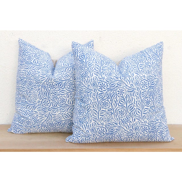 Coastal Jodhpur Garden, Blue & White Floral Block Print Pillows, Pair For Sale - Image 3 of 8