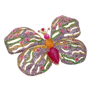 Bochic “Orient” Vintage Ruby & Multi Gem Butterfly Brooch Set 18K Gold & Silver For Sale