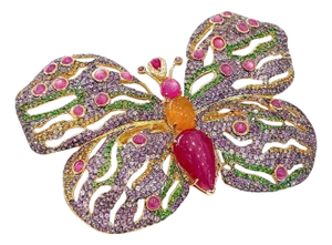 Bochic “Orient” Vintage Ruby & Multi Gem Butterfly Brooch Set 18K Gold & Silver