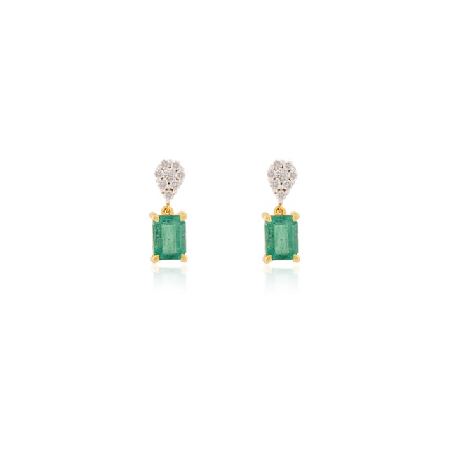 1.94ct Zambian Emerald Drop Earrings With Diamond Floral Top in 14k Gold- A Pair For Sale In New York - Image 6 of 11