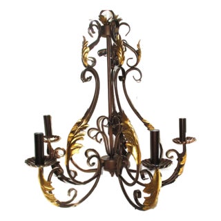 Toleware French Country 5 Arm Chandelier Bronze With Gold Leaves & Crystal Prisms For Sale