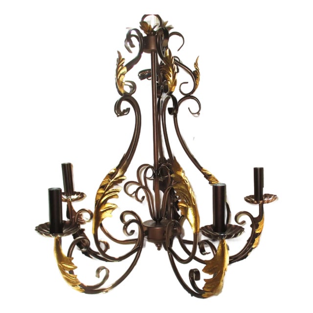 Toleware French Country 5 Arm Chandelier Bronze With Gold Leaves & Crystal Prisms For Sale
