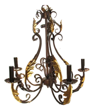 Toleware French Country 5 Arm Chandelier Bronze With Gold Leaves & Crystal Prisms
