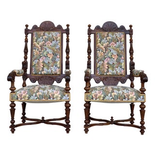 Louis XVI Style French Pair of Carved Walnut Armchairs, 1900s For Sale