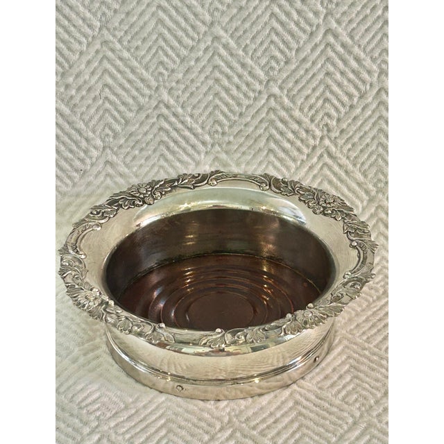 Wood Vintage Heavy Silver Over Copper Wine Bottle Coaster With Turned Wood Base For Sale - Image 7 of 9