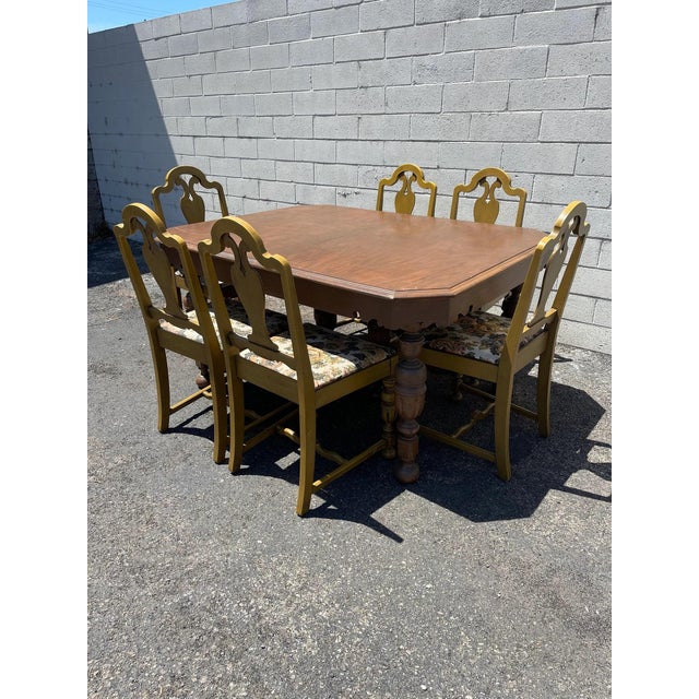 Jacobean 7pc Vintage Jacobean Dining Table Chairs Set Wood Kitchen Armchair For Sale - Image 3 of 10