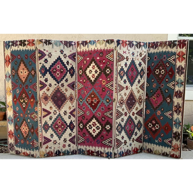 1920s One-of-a-Kind Custom Antique Flat-Weave Oriental Kilim Folding Screen For Sale - Image 5 of 18